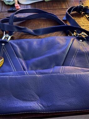 Women's Leather Shoulder Bag in Deep Blue with Contrast Stitching